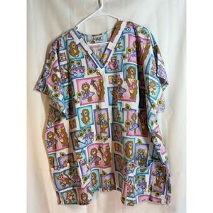 SIMPLY BASIC Womens 2XL Teddy Bear Print Scrub Top V Neck Short Sleeve